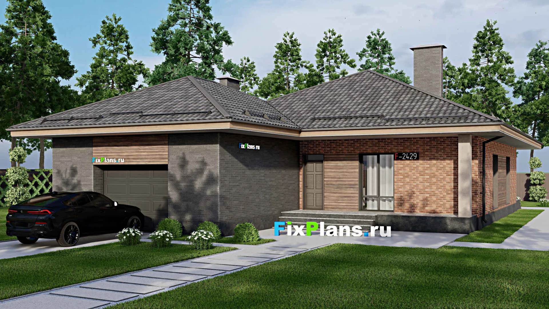 F-2429 - Проект одноэтажного дома 16 на 22, площадью 200 м² с террасой, гаражом на 2 машины и 2 спальнями