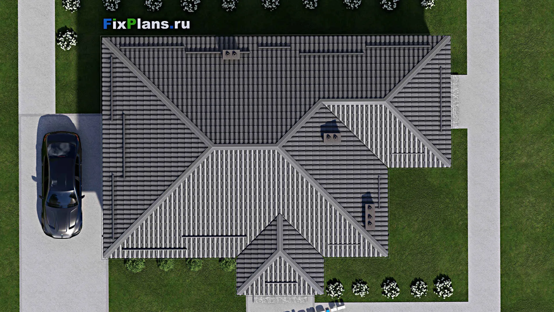 F-4445 - План одноэтажного дома 10 на 13, площадью 110 м² с террасой и 3 спальнями