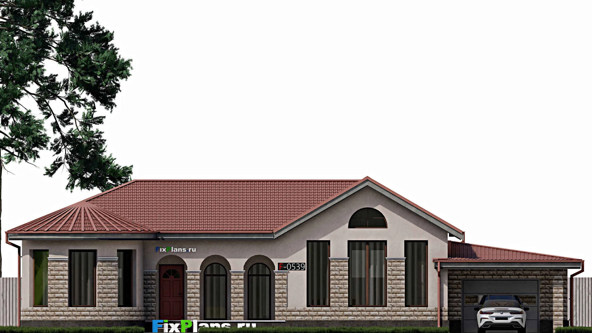 F-0539 - Проект одноэтажного дома 14 на 21, площадью 200 м² с террасой, гаражом на 1 машину и 3 спальнями