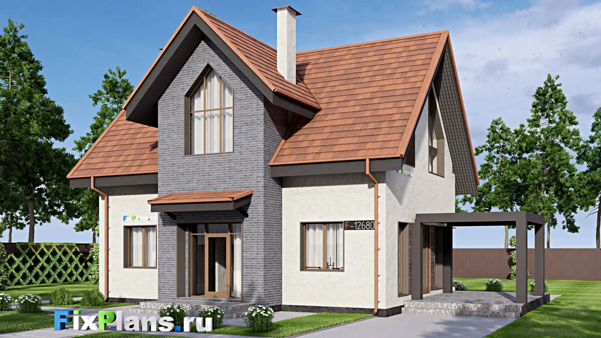 F-12680 - Проект дома с мансардой 12 на 16, площадью 160 м² с террасой и 3 спальнями