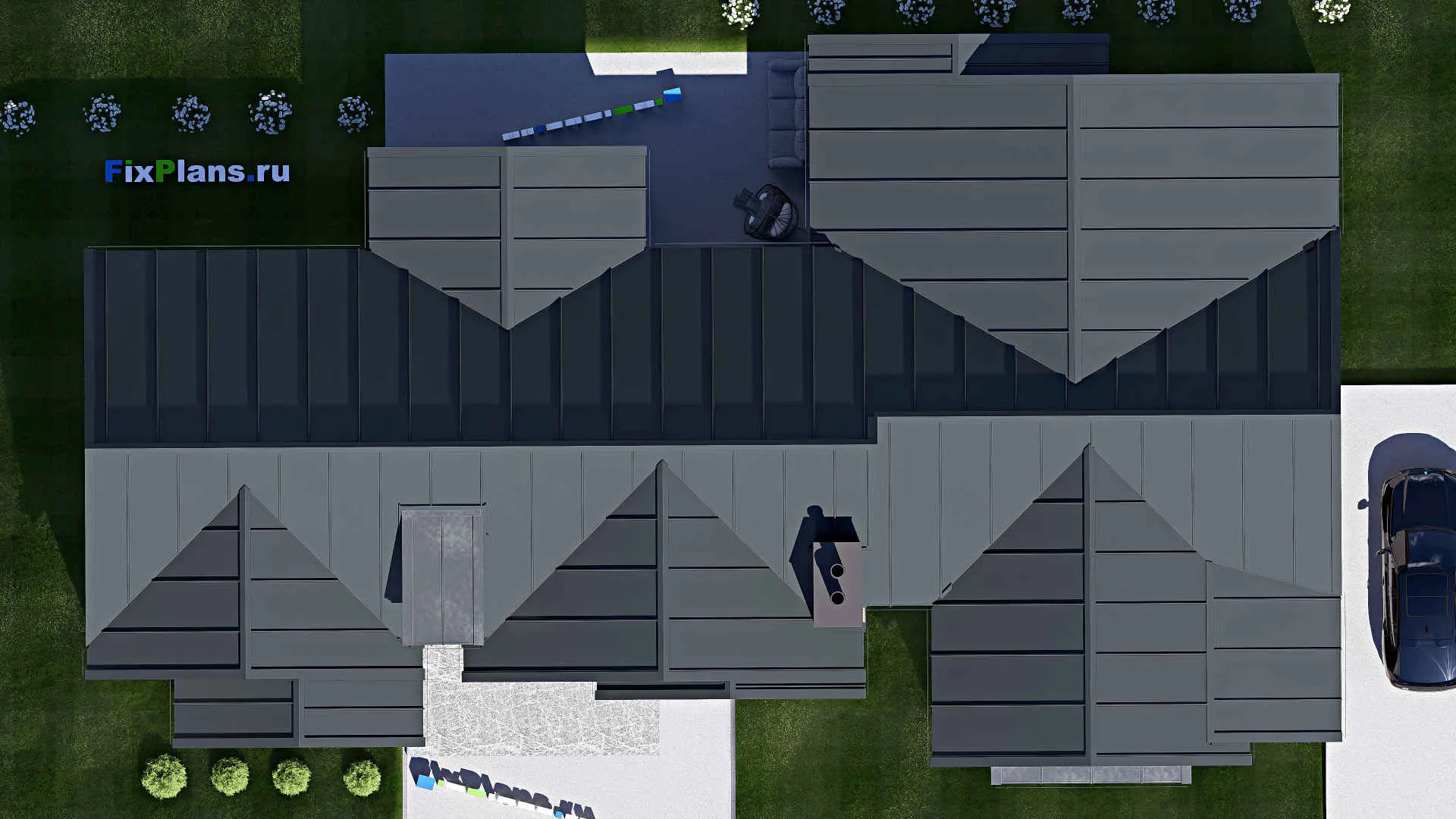 F-20672 - Проект одноэтажного дома 16 на 27, площадью 270 м² с террасой, гаражом на 2 машины и 3 спальнями